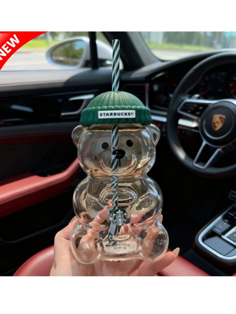 Starbucks Clear Glass Bear Tumbler with Green Ribbed Lid and Green-White Straw